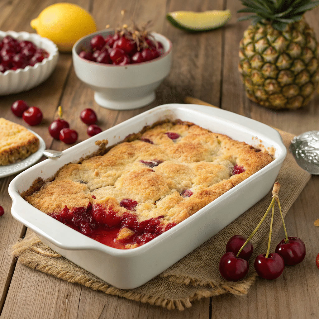 Freshly baked cherry pineapple dump cake in a dish