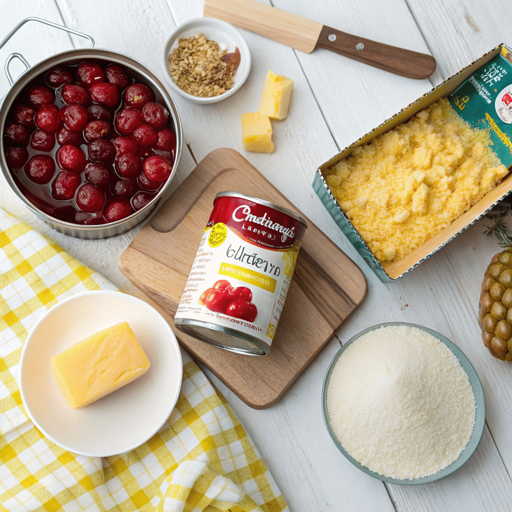Ingredients for making cherry pineapple dump cake