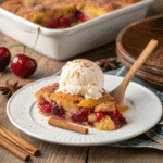 Recipe card for cherry pineapple dump cake with ingredients