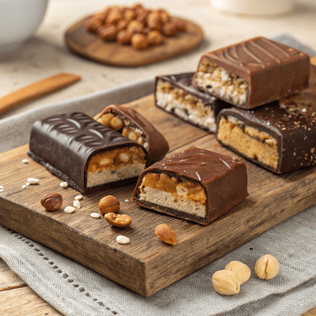 chocolate covered candy bars displayed with fillings