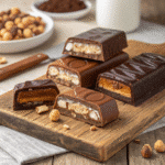 Recipe card for chocolate covered candy bars with ingredients