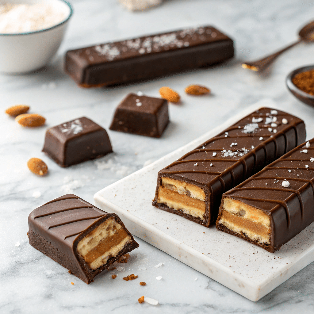 Assorted chocolate covered candy bars displayed with fillings