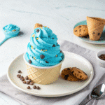 Recipe card next to Cookie Monster ice cream plate