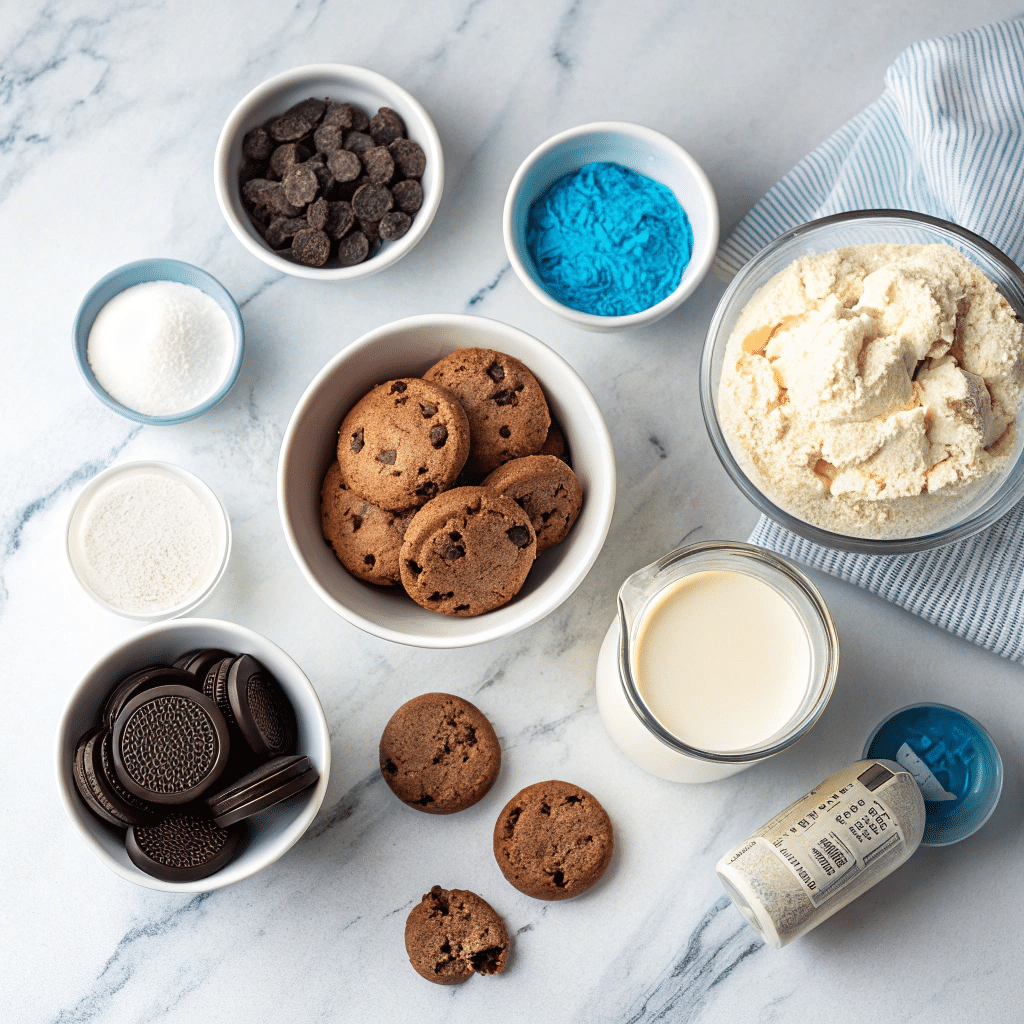 Cookie Monster ice cream ingredients flat lay