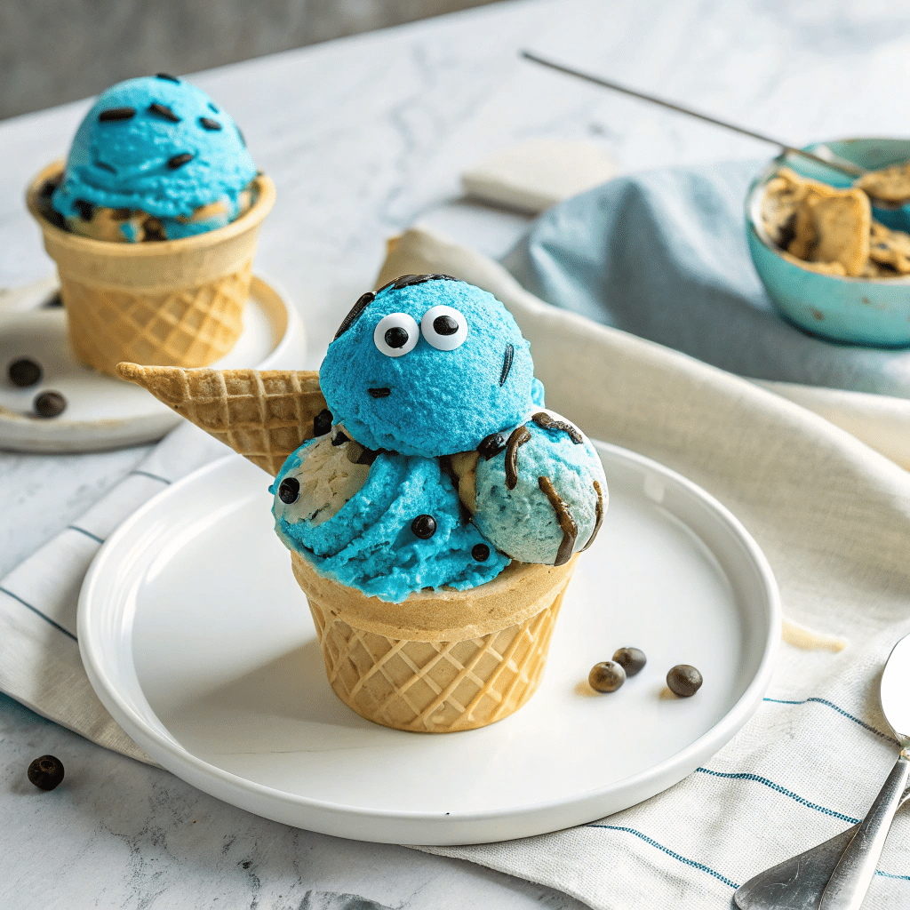 Cookie Monster ice cream cone with cookie chunks