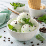 Cottage cheese mint ice cream close-up in bowl