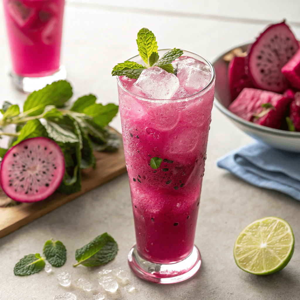 Dragon fruit juice recipe served chilled with mint garnish.
