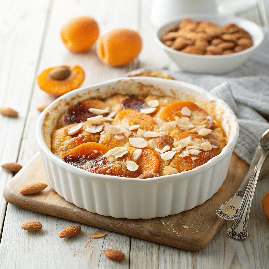 Freshly baked dump cake with apricots and almonds
