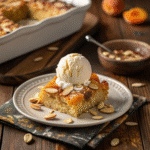 Recipe card for dump cake with apricots and almonds