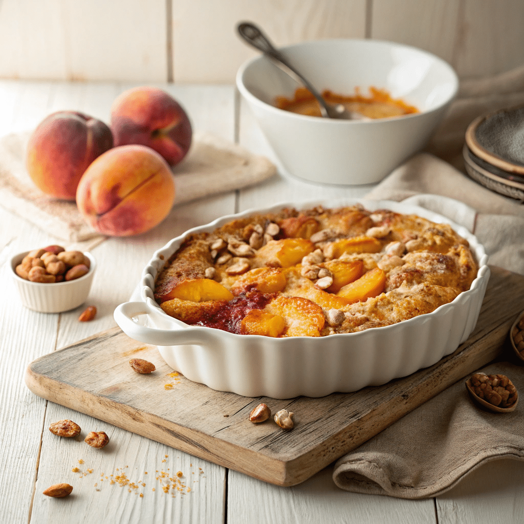 Freshly baked dump cake with peaches and nuts