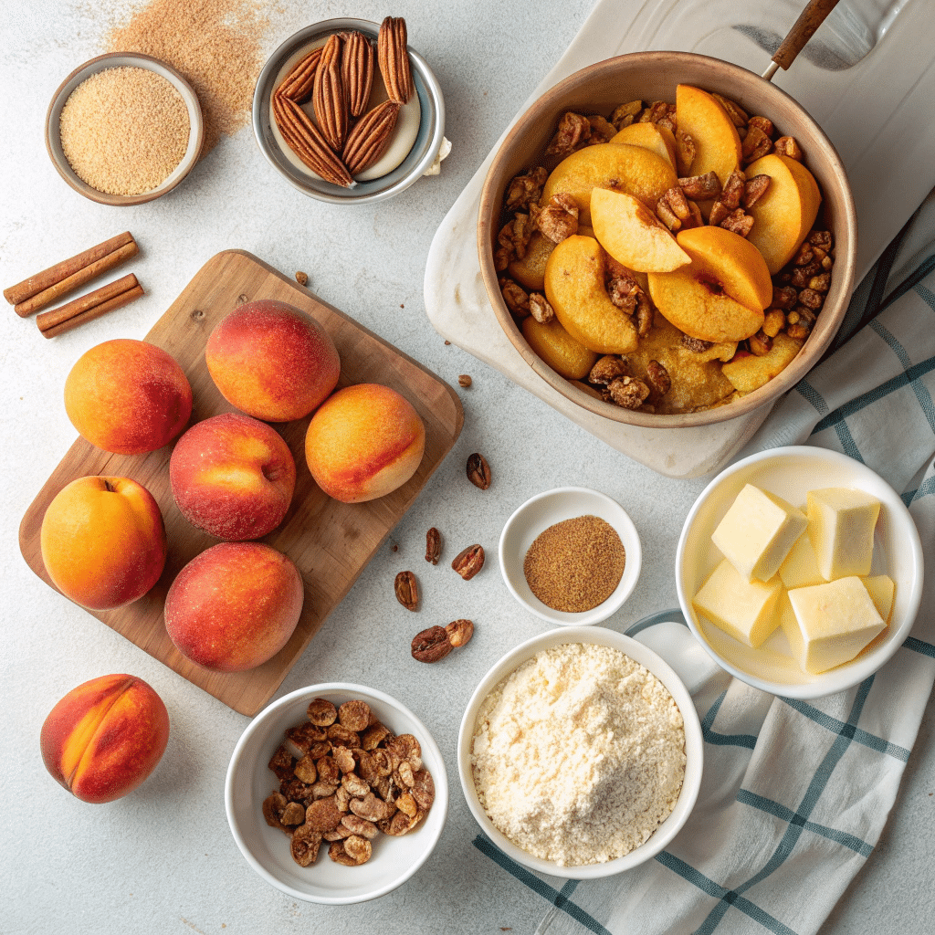 Ingredients for dump cake with peaches and nuts
