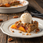 Recipe card for dump cake with peaches and nuts