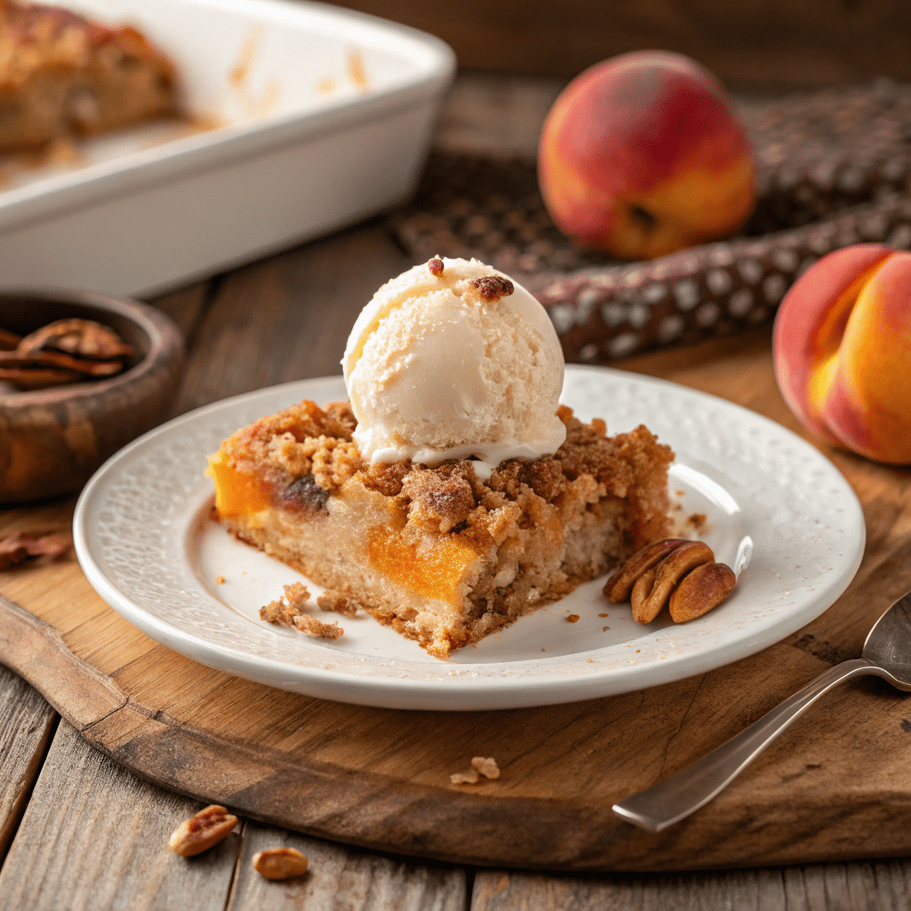 Slice of dump cake with peaches and nuts served with ice cream
