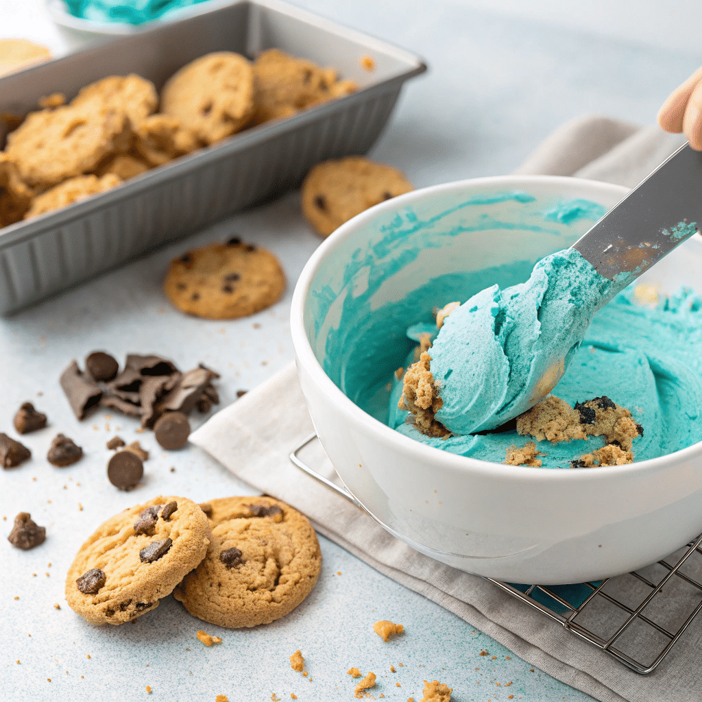 Mixing crushed cookies into blue base
