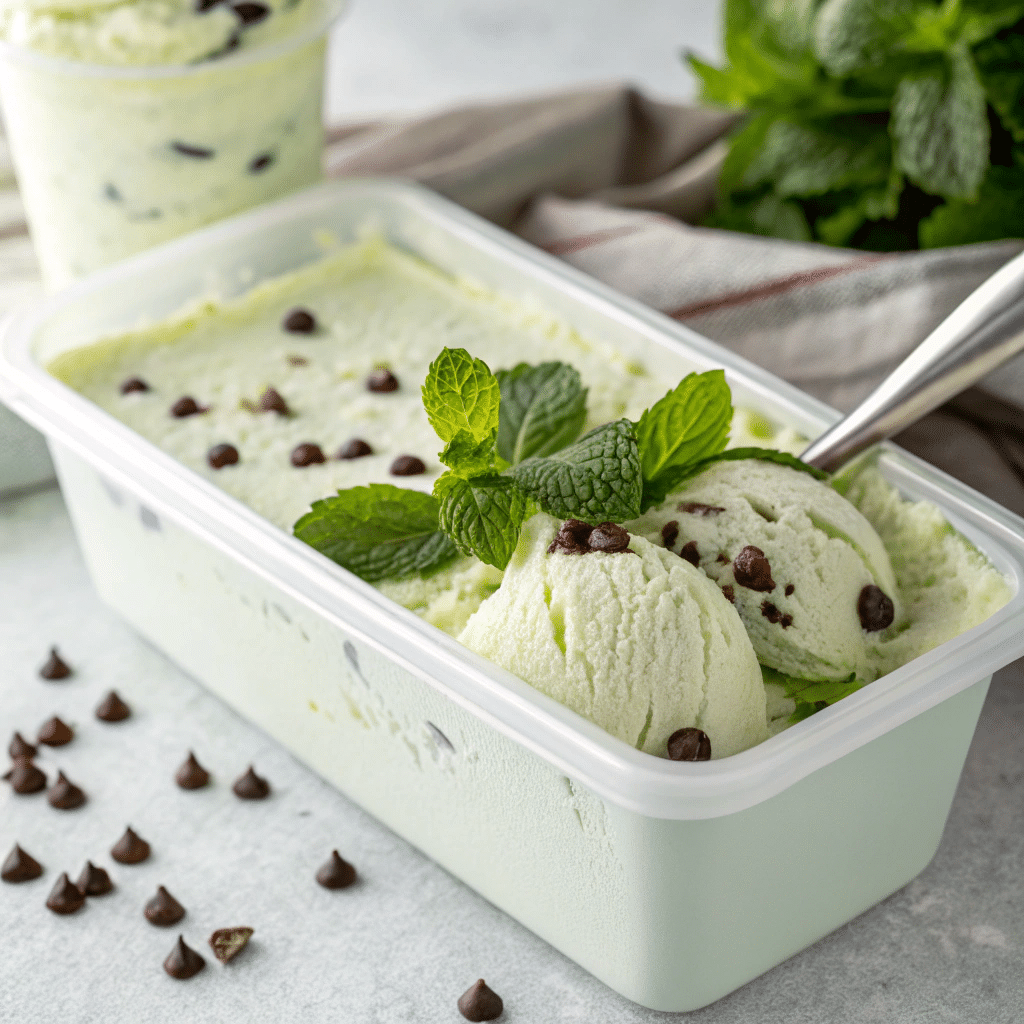Frozen cottage cheese mint ice cream in container