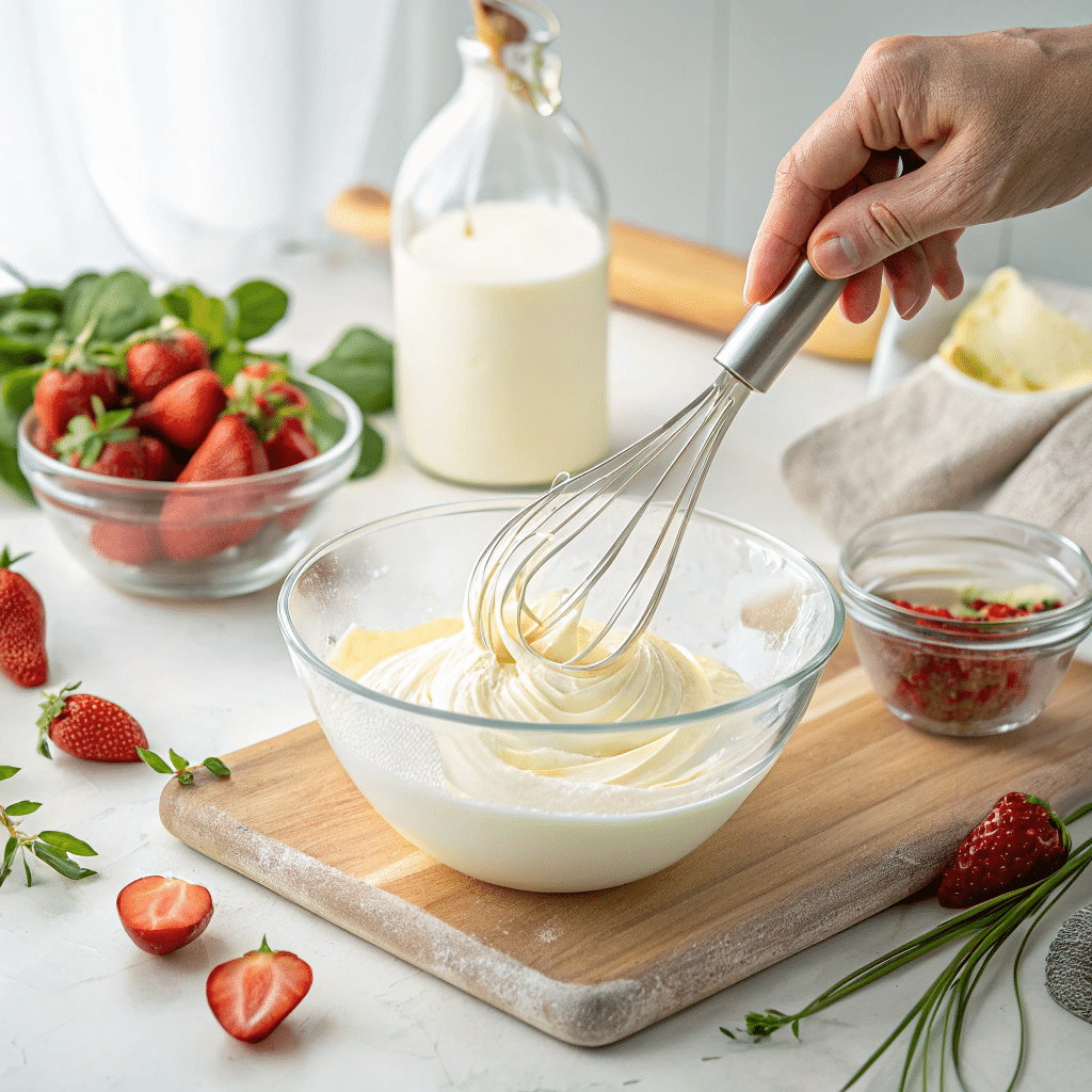 : Whipping cream until stiff peaks form