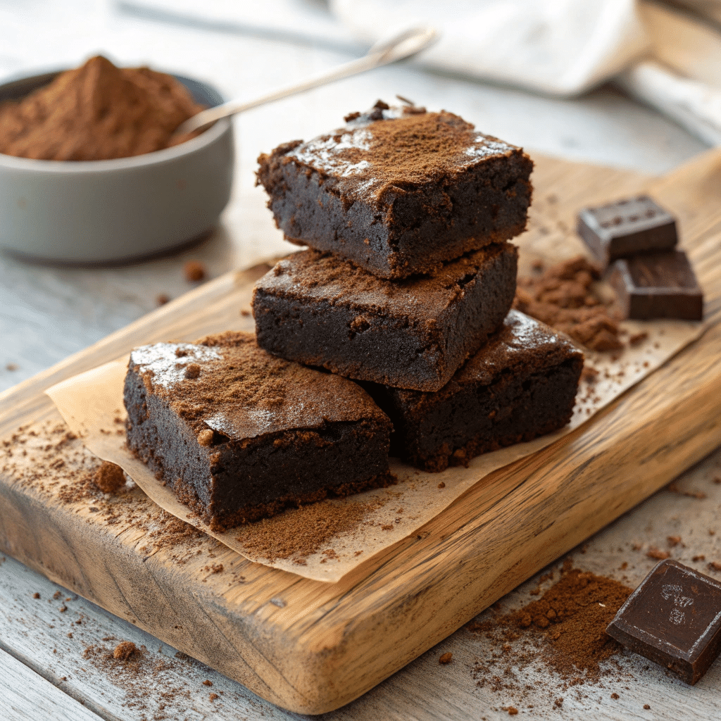 Healthy brownies stacked on a wooden board