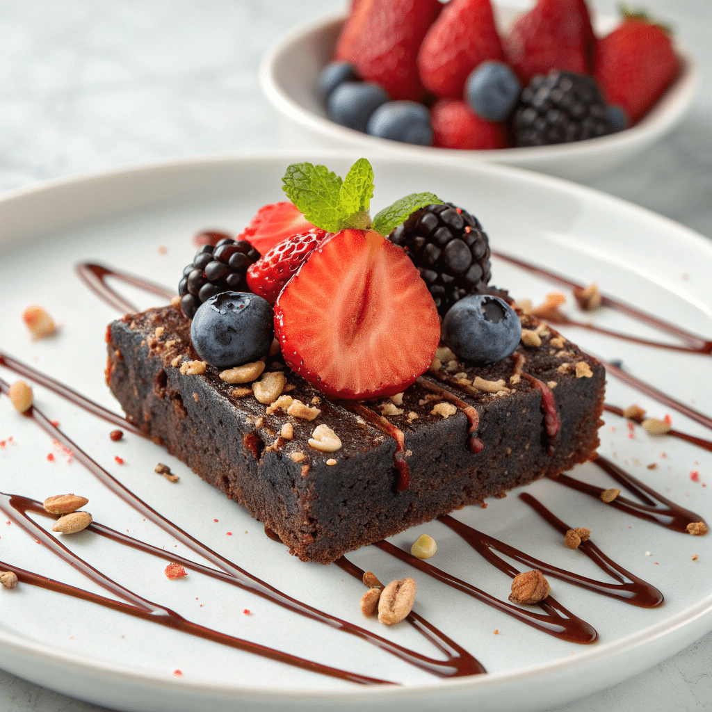 Healthy brownie served with berries and chocolate drizzle