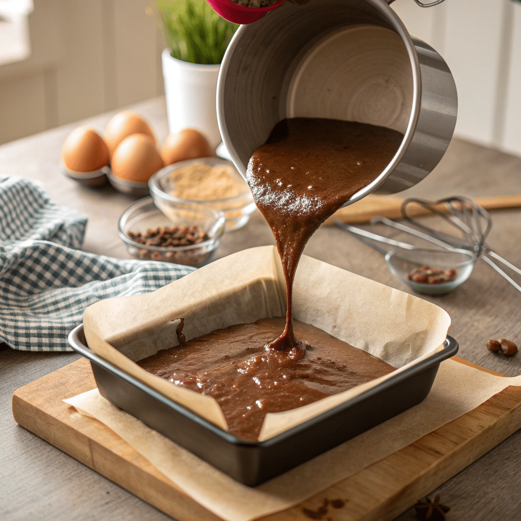Pouring healthy brownie batter into pan