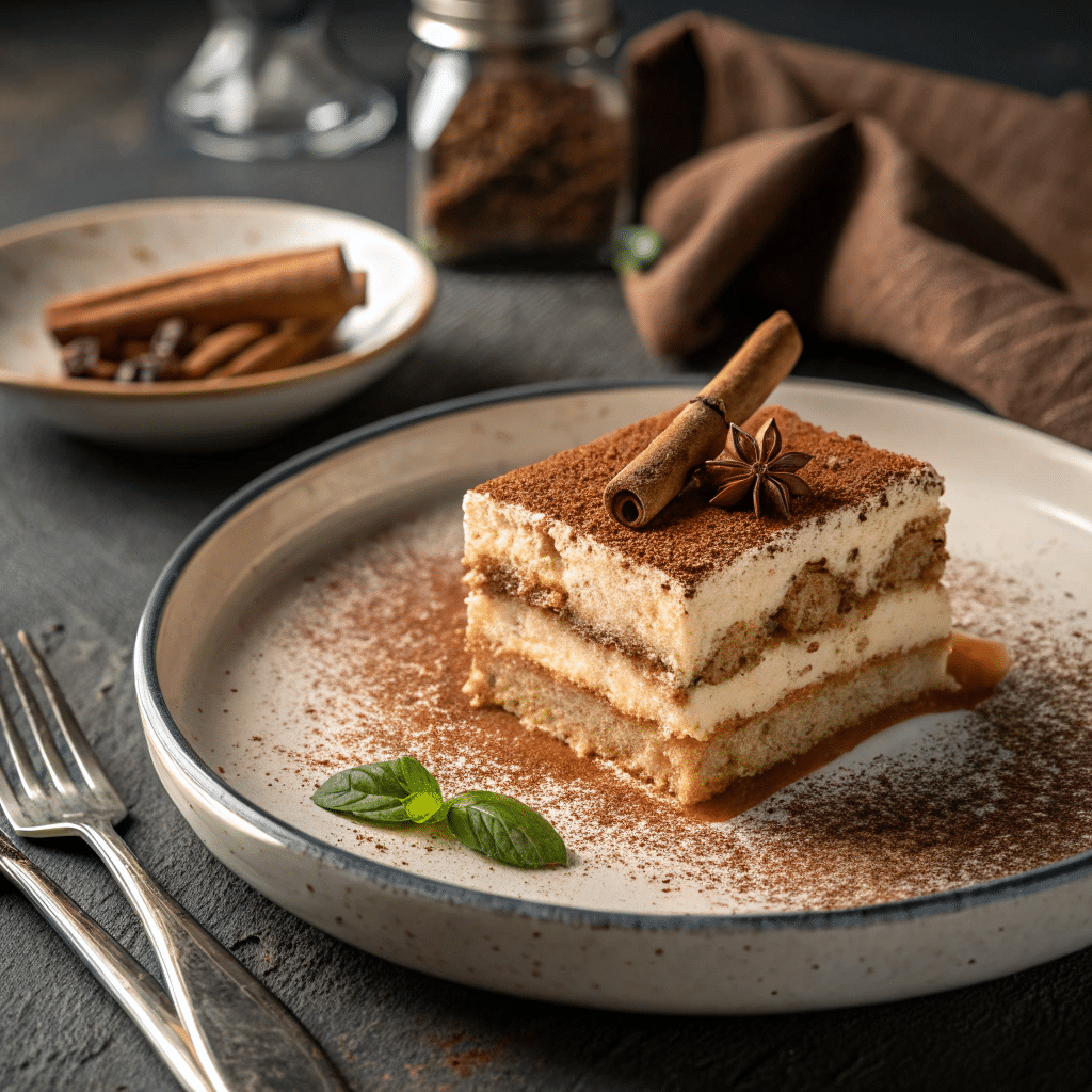 Plated horchata tiramisu with cinnamon garnish