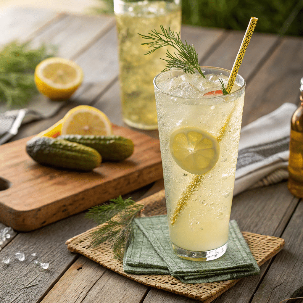 Refreshing glass of lemonade and pickle juice with garnish.