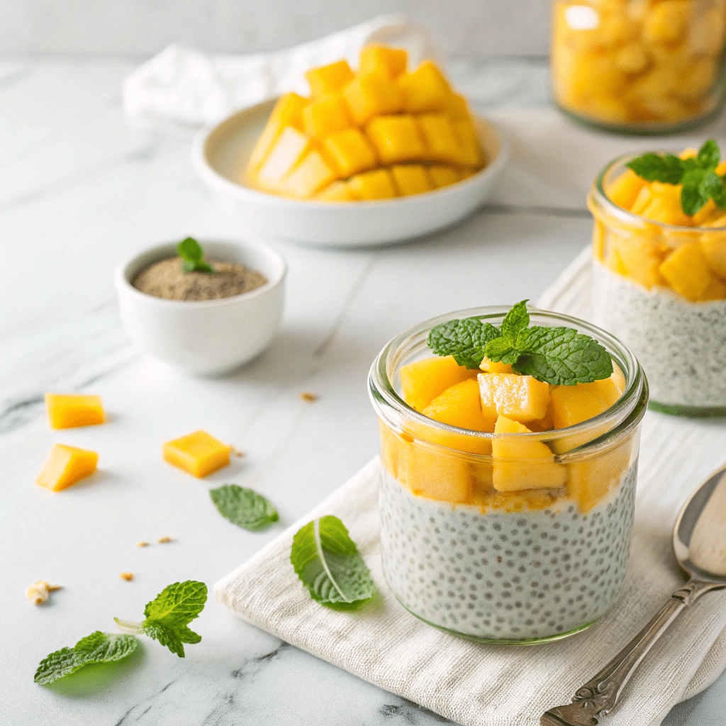 Mango chia pudding in a glass jar