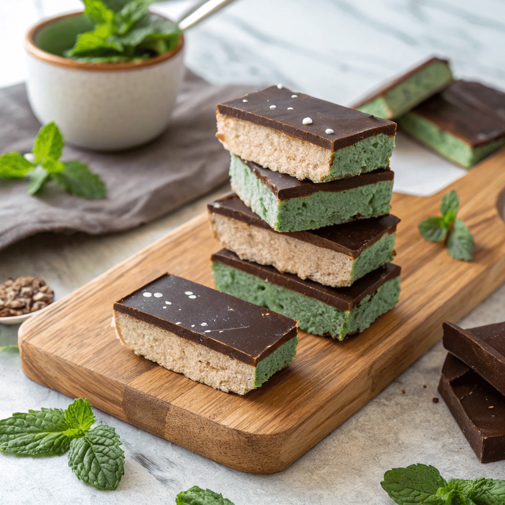 Homemade mint chocolate protein bars stacked neatly