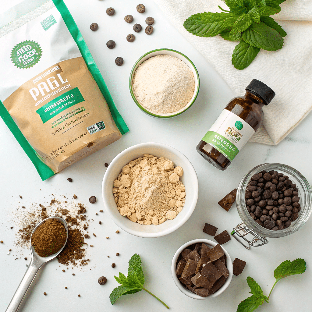 Ingredients for mint chocolate protein bars on kitchen counter