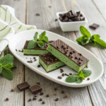 Mint chocolate protein bars recipe card layout with ingredients