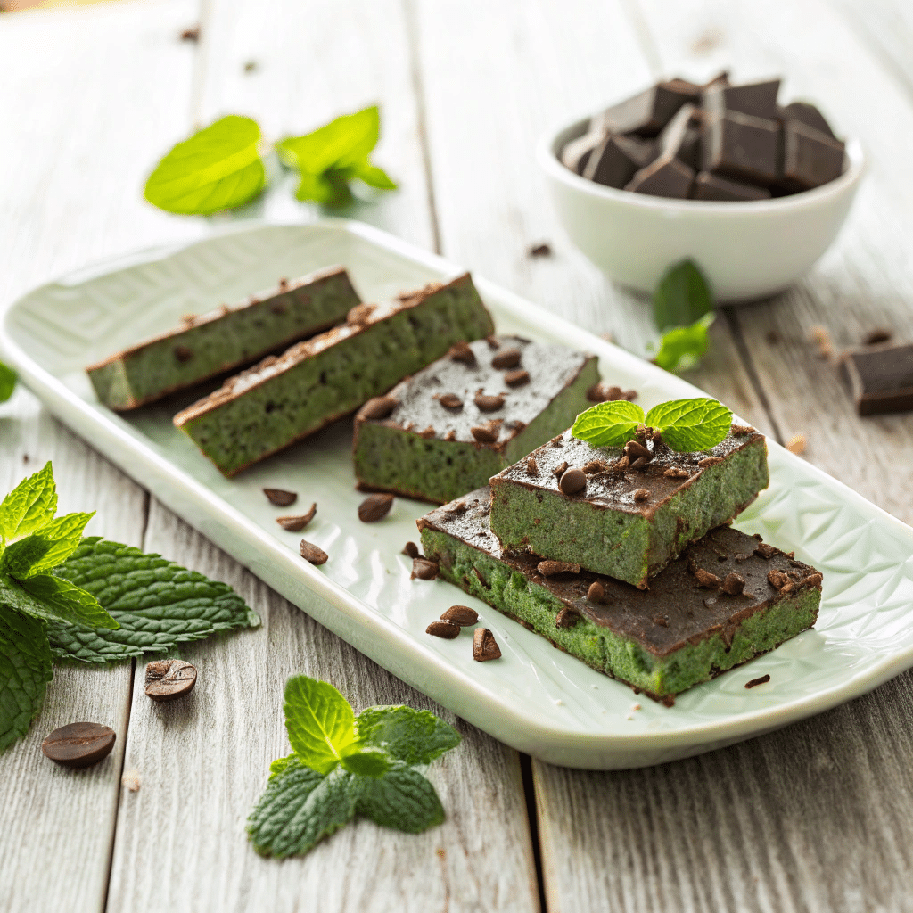 Sliced mint chocolate protein bars served with garnish