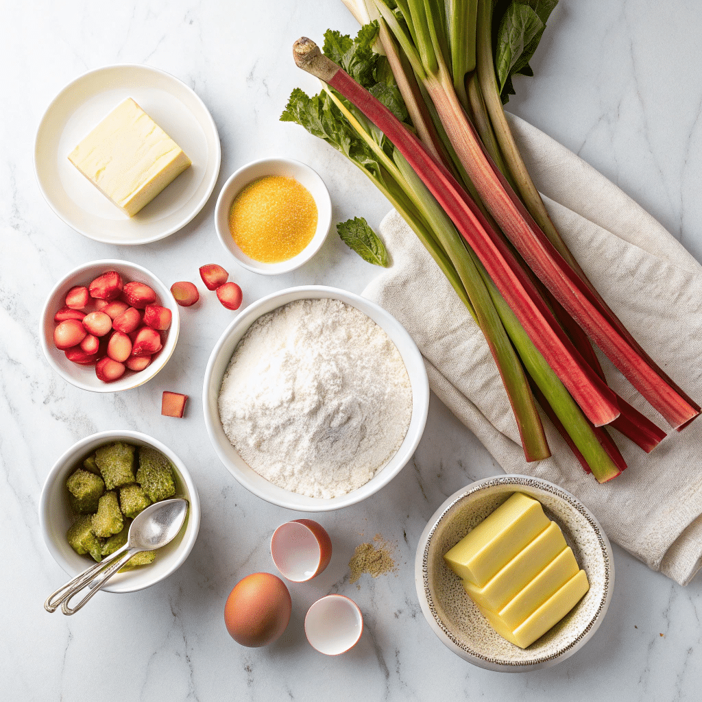 Ingredients for rhubarb dump cake laid out on counter