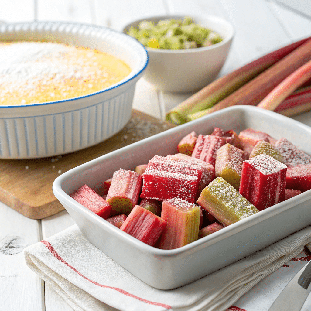 Prepping rhubarb for dump cake with sugar topping