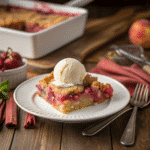 Rhubarb dump cake recipe card with ingredients