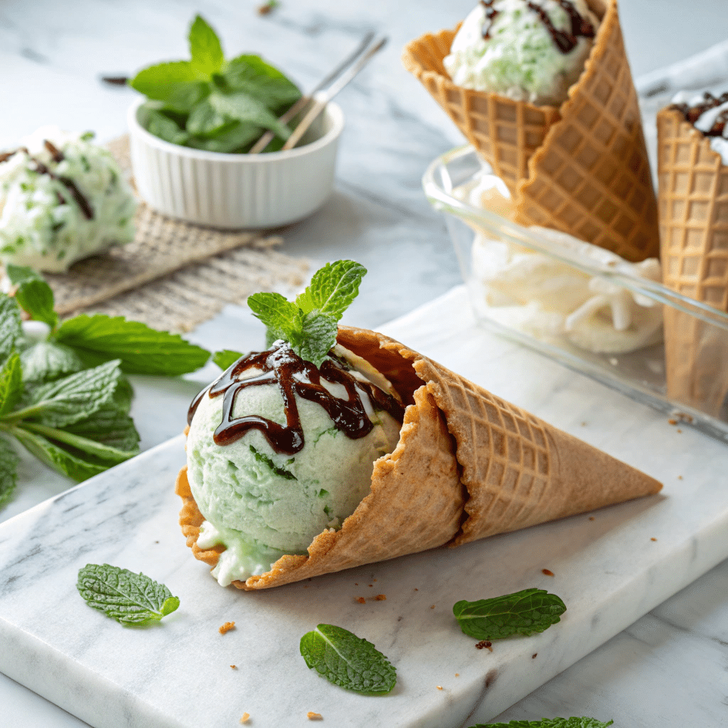 Scoops of cottage cheese mint ice cream in waffle cones