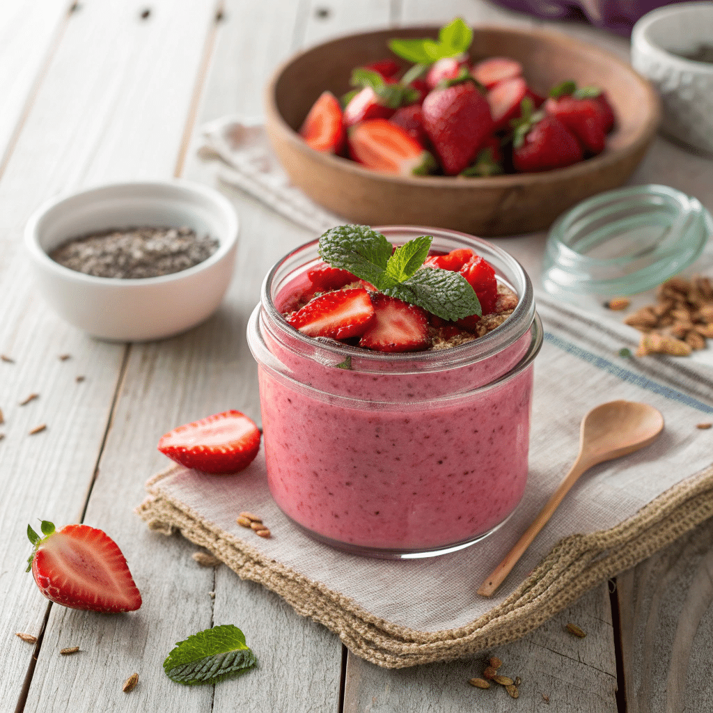 Strawberry chia seed pudding in a jar