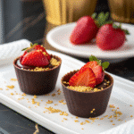 Recipe card next to strawberry Dubai chocolate cup