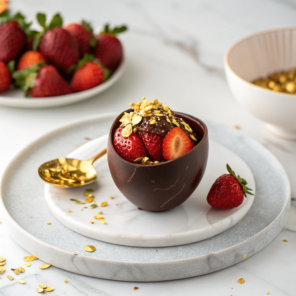 Luxury strawberry Dubai chocolate cup on marble plate