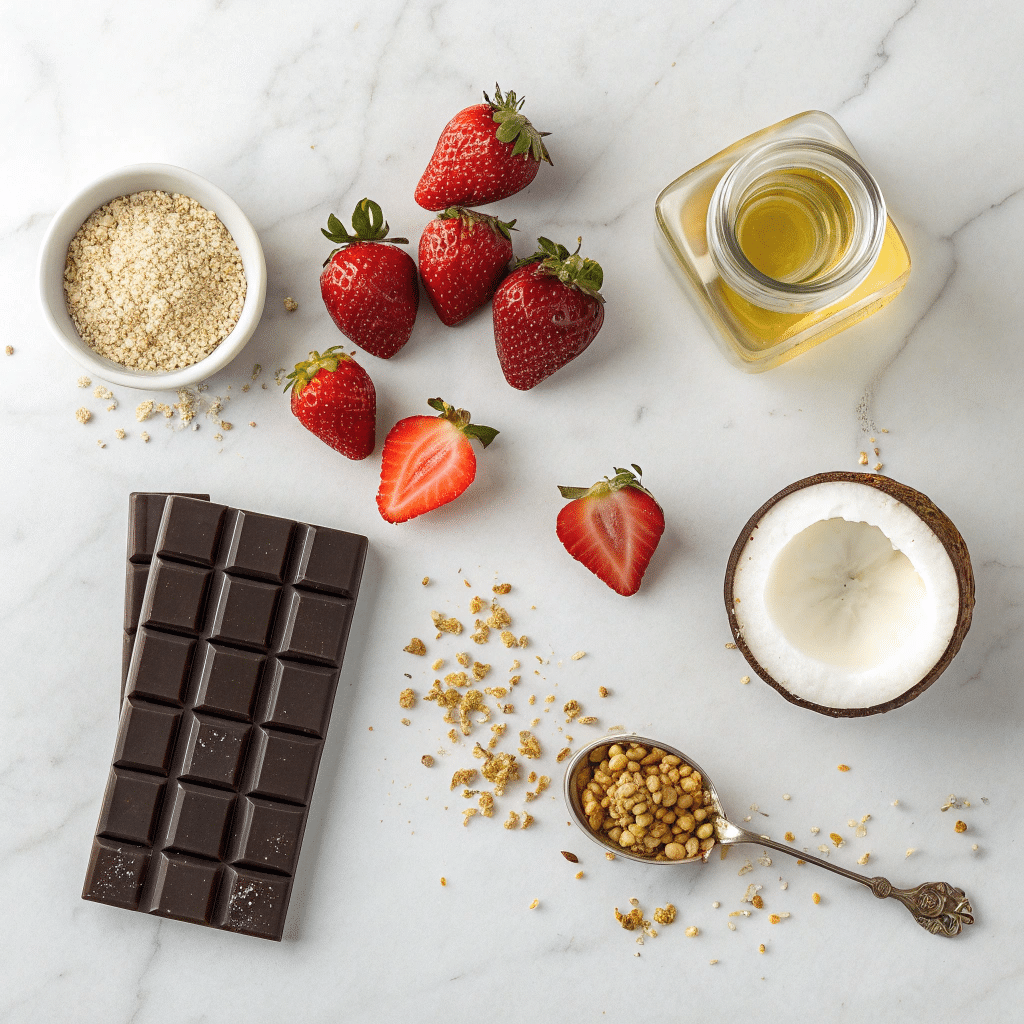 Ingredients for making strawberry Dubai chocolate cups
