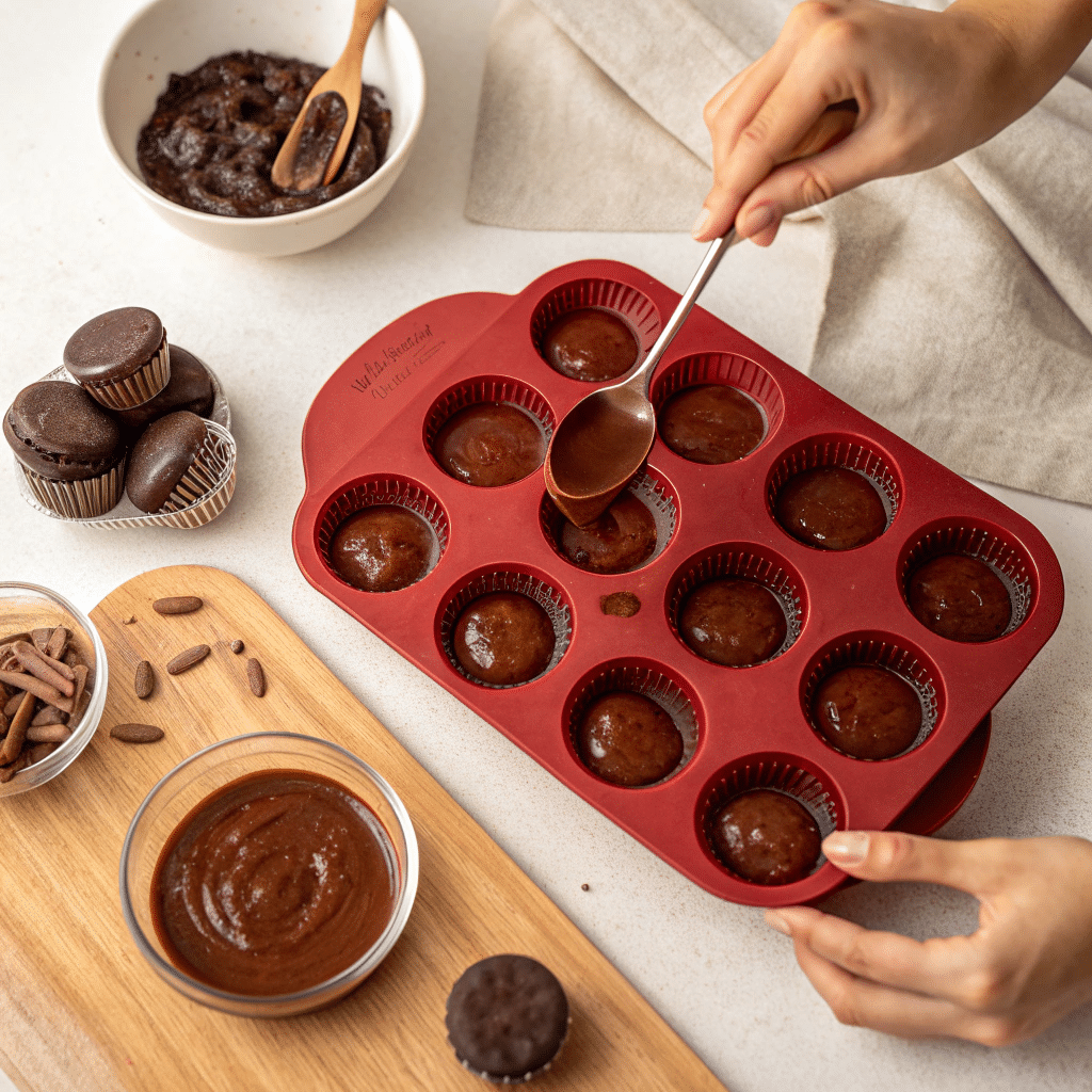 Filling molds with melted chocolate for dessert cups