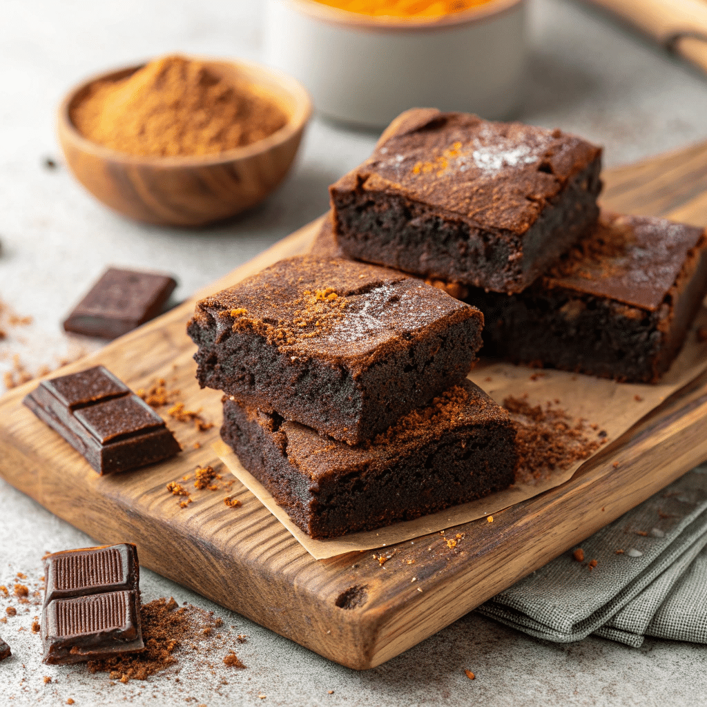 Sweet potato chocolate brownies stacked on a wooden board