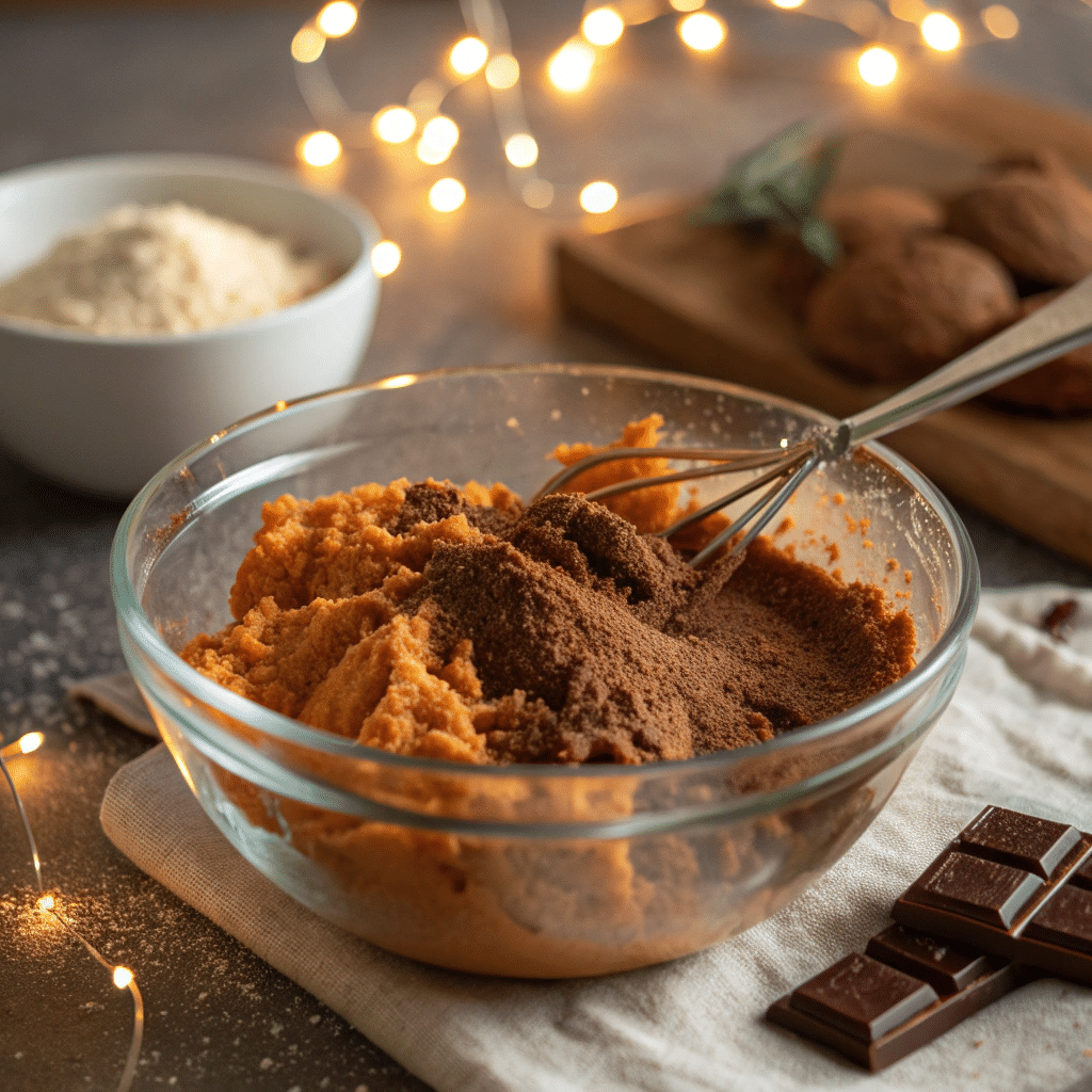 Mixing mashed sweet potato with cocoa for brownies