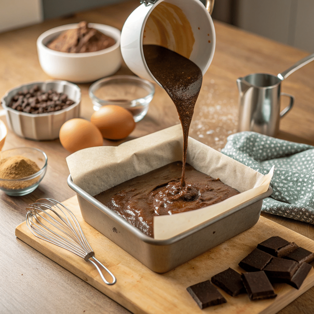 Pouring sweet potato brownie batter into baking pan