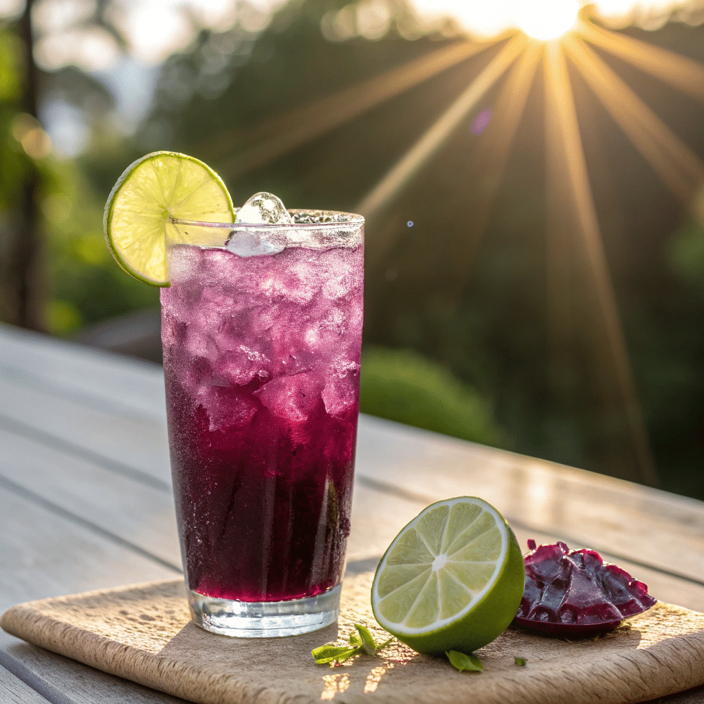 Transfusion drink with lime and ice in tall glass