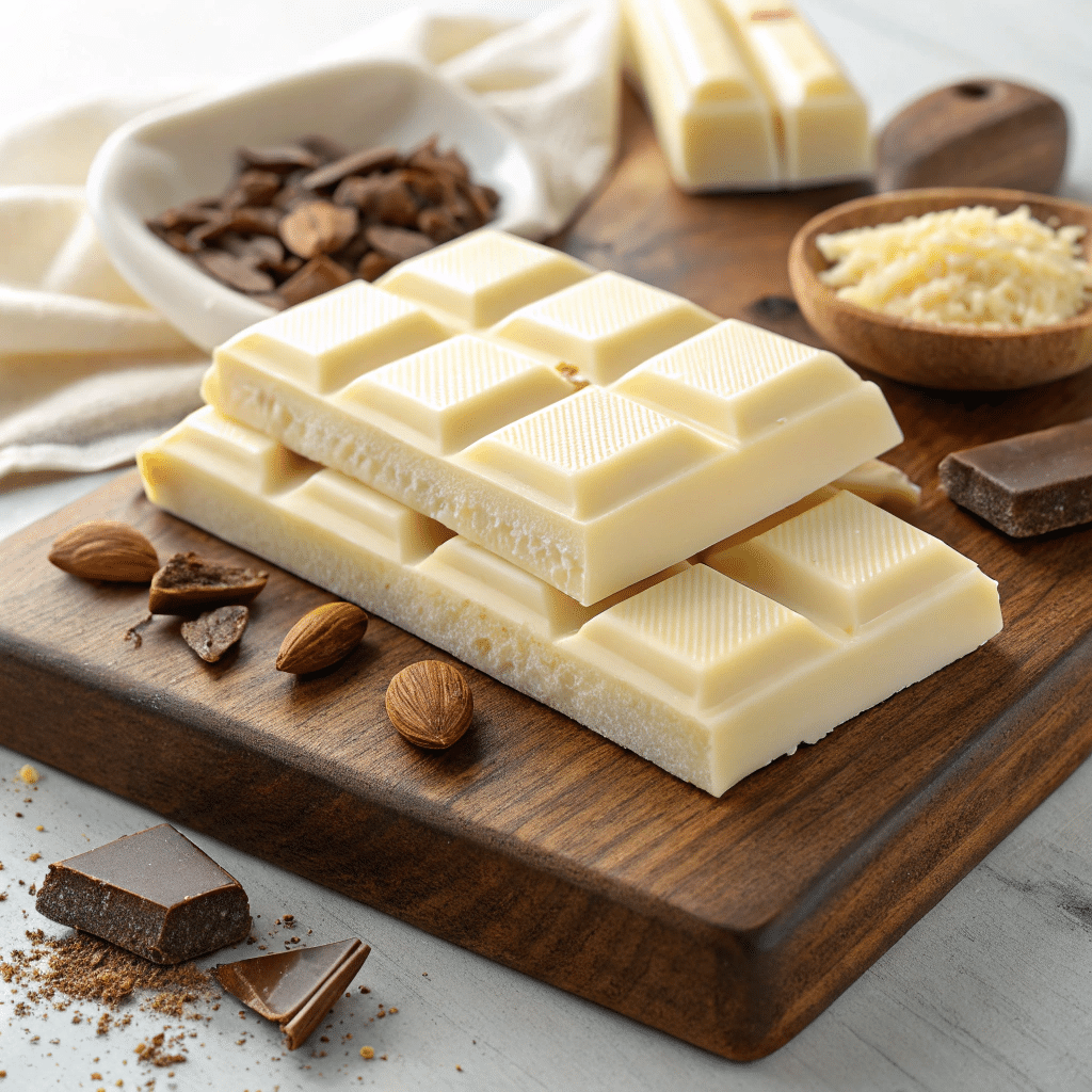 Premium white chocolate bars stacked on a wooden board
