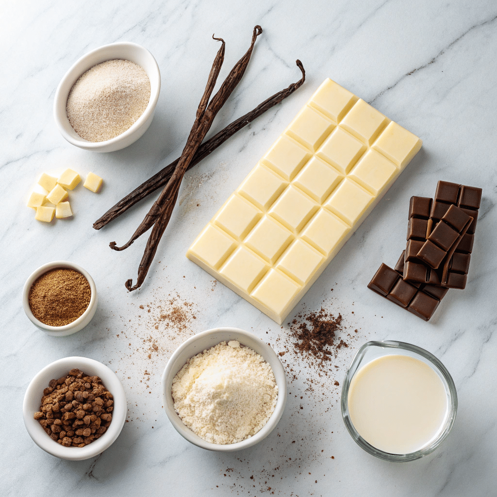 Ingredients used to make white chocolate bars