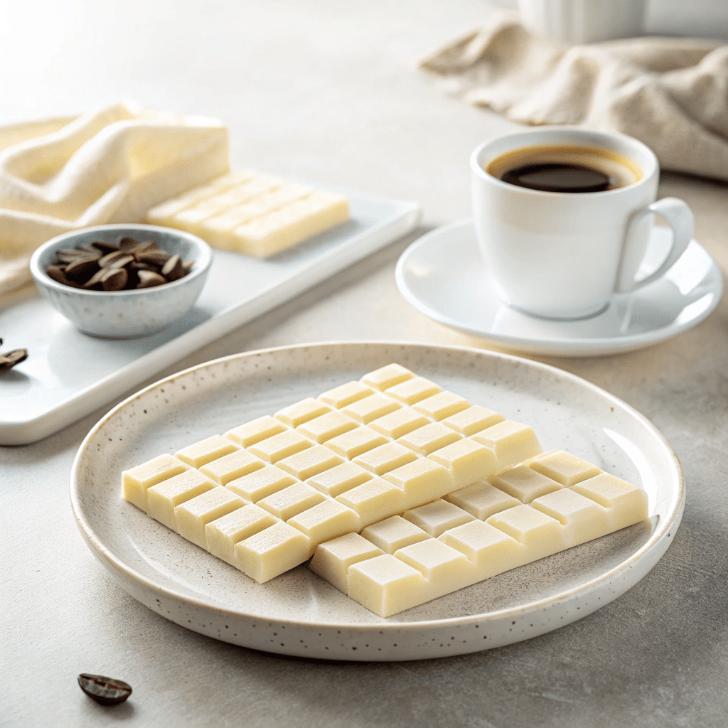 White chocolate bars served with coffee