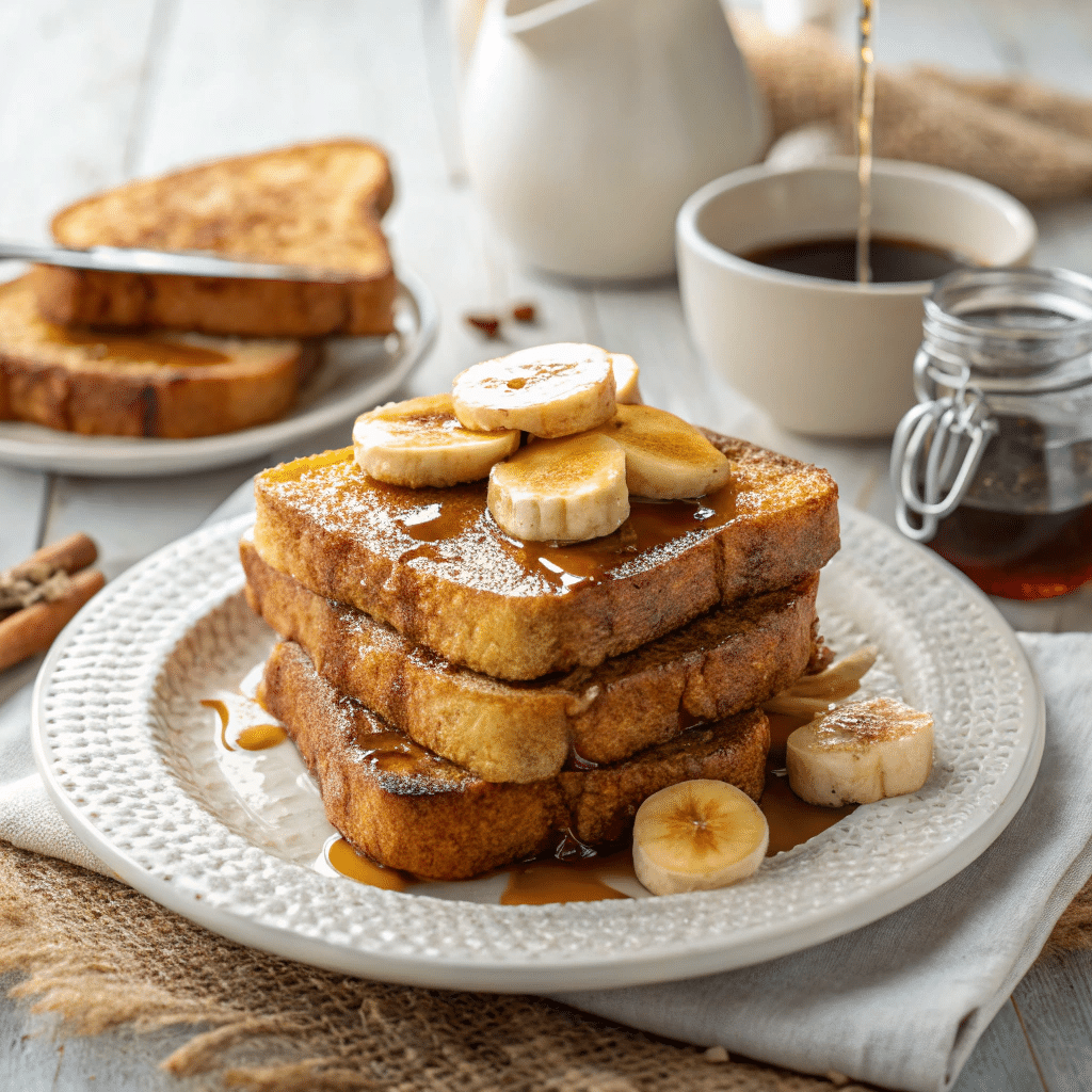 banana bread French toast stacked with syrup