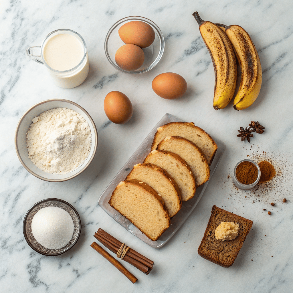 banana bread French toast ingredients flat lay