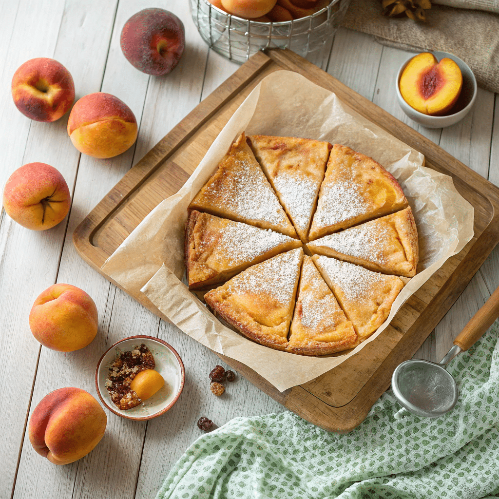 peach phyllo dough dessert sliced on a board