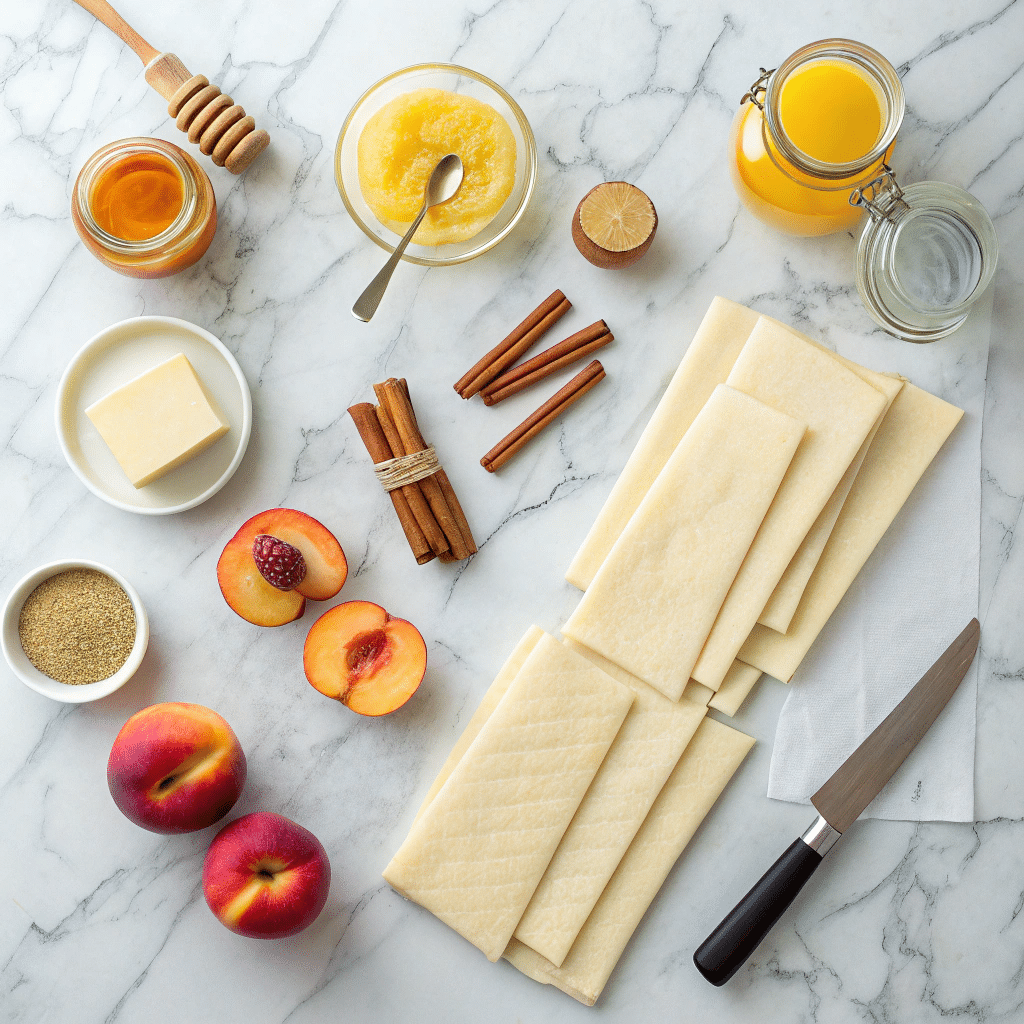 peach phyllo dough dessert ingredients layout